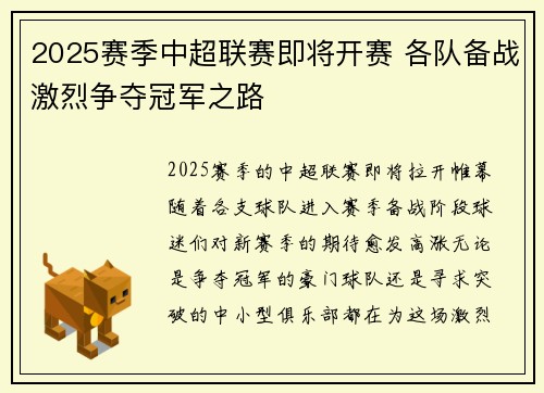 2025赛季中超联赛即将开赛 各队备战激烈争夺冠军之路