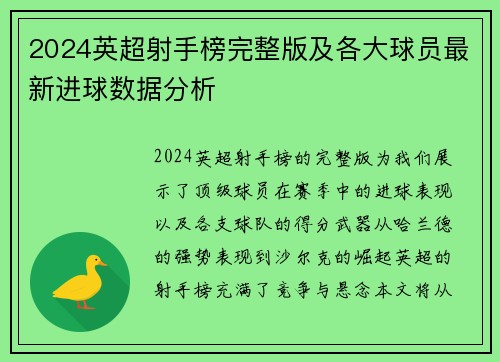 2024英超射手榜完整版及各大球员最新进球数据分析