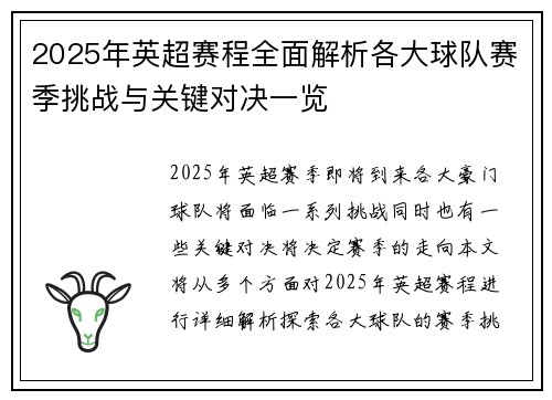 2025年英超赛程全面解析各大球队赛季挑战与关键对决一览