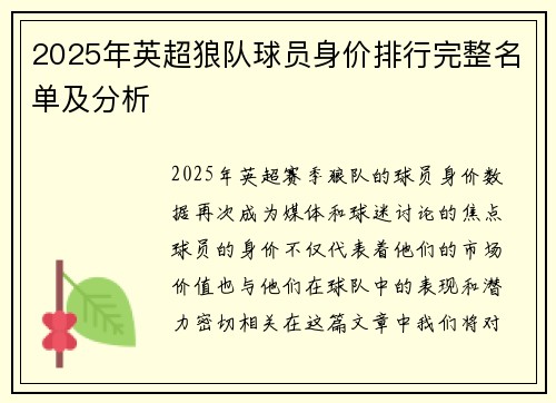 2025年英超狼队球员身价排行完整名单及分析